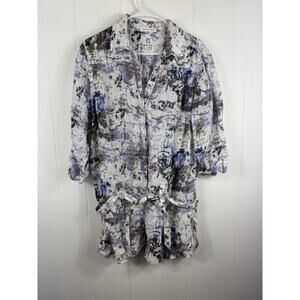 120% Lino Women’s Tunic Button Down Artsy Tie Purple Beach Grandma